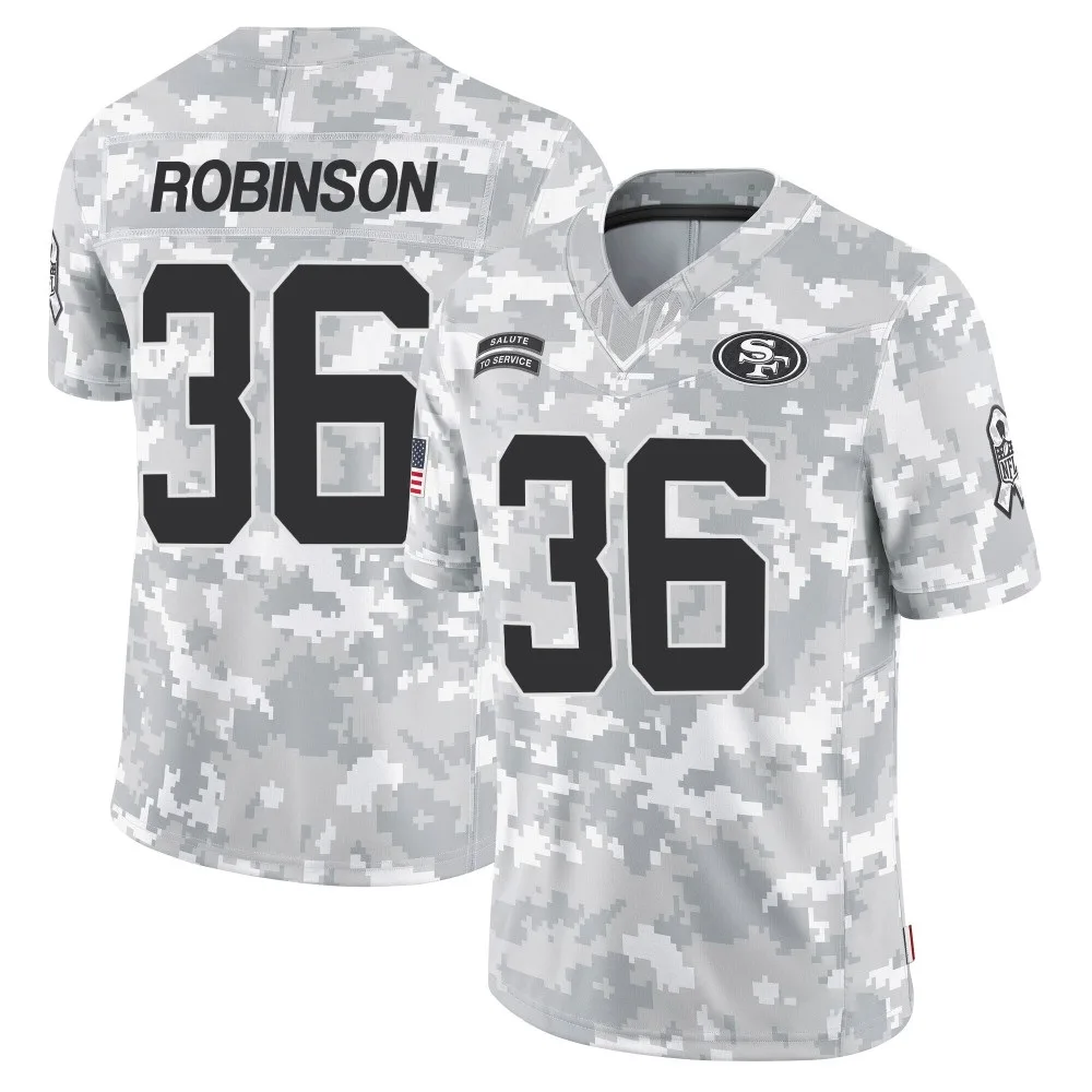 Men's San Francisco 49ers Curtis Robinson Nike 2024 Salute To Service Limited Arctic Camo Jersey Men's San Francisco 49ers Curtis Robinson Nike 2024 Salute To Service Limited Arctic Camo Jersey