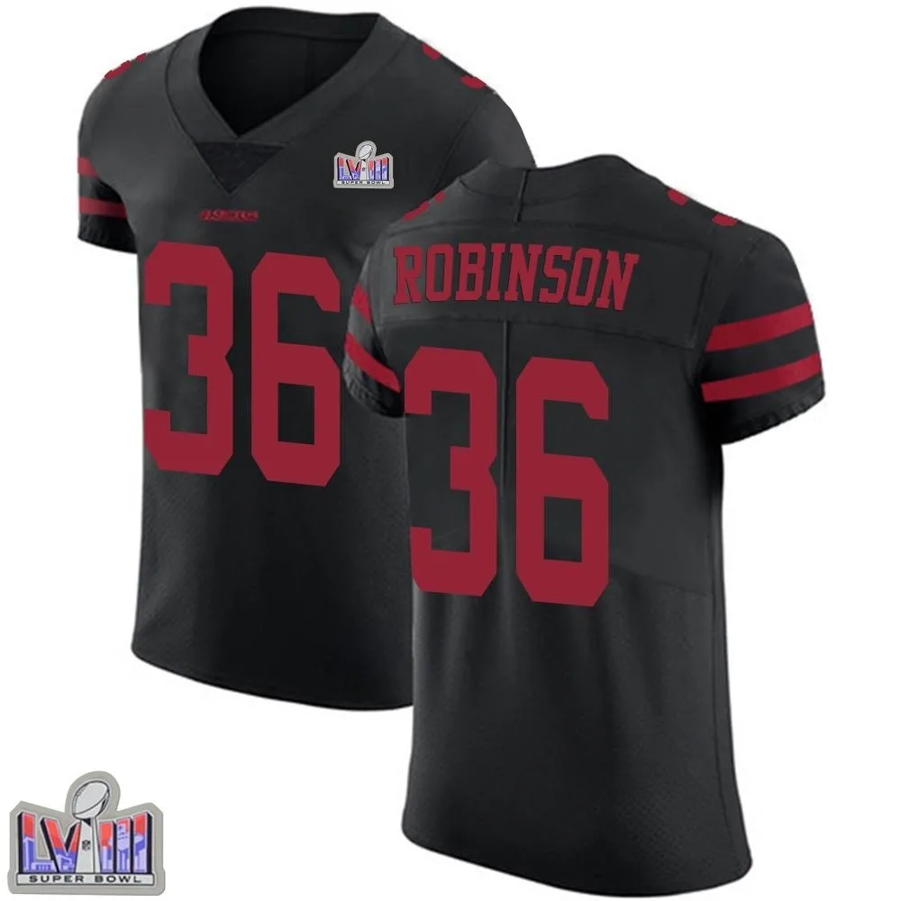 Men's San Francisco 49ers Curtis Robinson Nike Alternate Vapor Untouchable Super Bowl LVIII Patch Elite Black Jersey Men's San Francisco 49ers Curtis Robinson Nike Alternate Vapor Untouchable Super Bowl LVIII Patch Elite Black Jersey