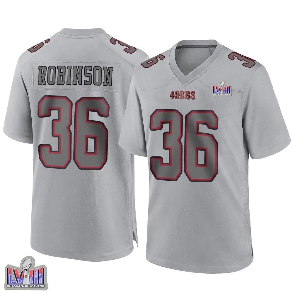 Men's San Francisco 49ers Curtis Robinson Nike Atmosphere Fashion Super Bowl LVIII Patch Game Gray Jersey Men's San Francisco 49ers Curtis Robinson Nike Atmosphere Fashion Super Bowl LVIII Patch Game Gray Jersey