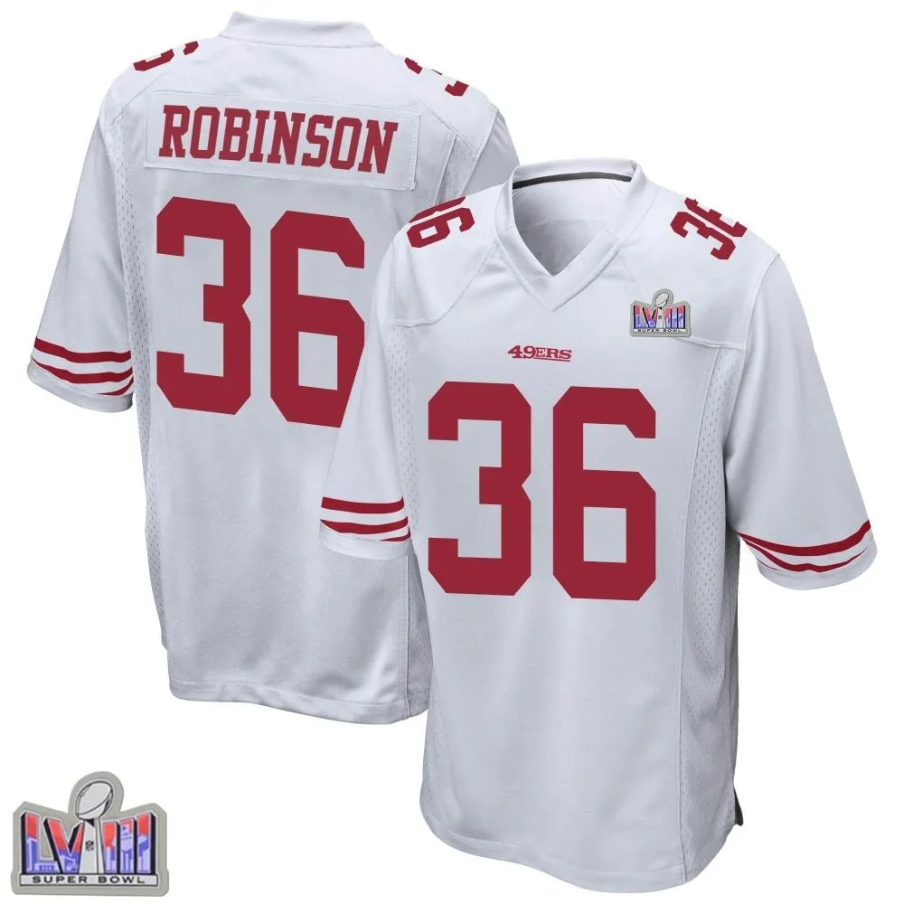 Men's San Francisco 49ers Curtis Robinson Nike Super Bowl LVIII Patch Game White Jersey Men's San Francisco 49ers Curtis Robinson Nike Super Bowl LVIII Patch Game White Jersey
