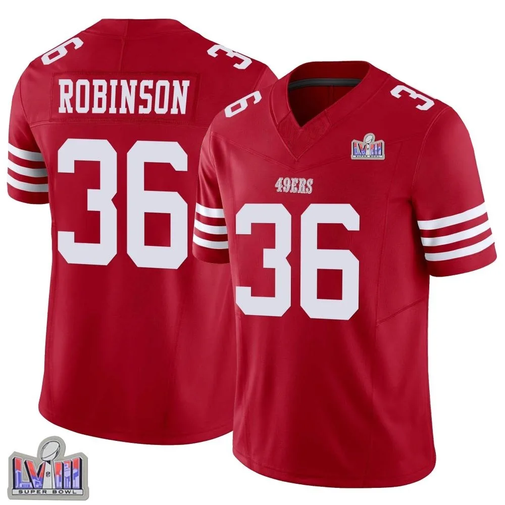 Men's San Francisco 49ers Curtis Robinson Nike Vapor F.U.S.E. Super Bowl LVIII Patch Limited Scarlet Jersey Men's San Francisco 49ers Curtis Robinson Nike Vapor F.U.S.E. Super Bowl LVIII Patch Limited Scarlet Jersey