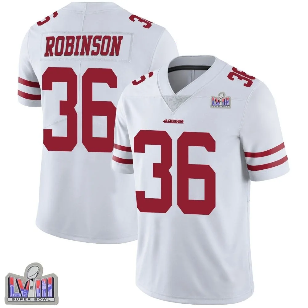 Men's San Francisco 49ers Curtis Robinson Nike Vapor Untouchable Super Bowl LVIII Patch Limited White Jersey Men's San Francisco 49ers Curtis Robinson Nike Vapor Untouchable Super Bowl LVIII Patch Limited White Jersey