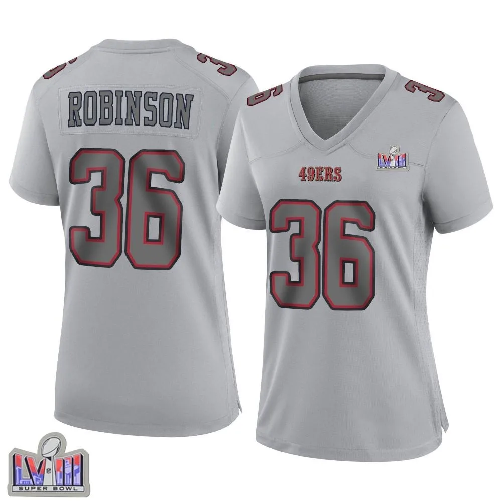 Women's San Francisco 49ers Curtis Robinson Nike Atmosphere Fashion Super Bowl LVIII Patch Game Gray Jersey Women's San Francisco 49ers Curtis Robinson Nike Atmosphere Fashion Super Bowl LVIII Patch Game Gray Jersey