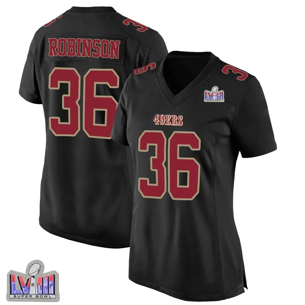 Women's San Francisco 49ers Curtis Robinson Nike Fashion Super Bowl LVIII Patch Game Black Jersey Women's San Francisco 49ers Curtis Robinson Nike Fashion Super Bowl LVIII Patch Game Black Jersey