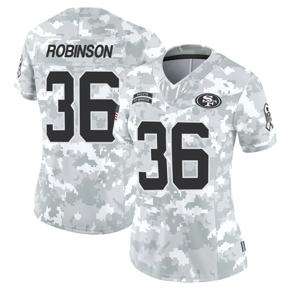Women's San Francisco 49ers Curtis Robinson Nike Francisco 2024 Salute To Service Limited Arctic Camo Jersey Women's San Francisco 49ers Curtis Robinson Nike Francisco 2024 Salute To Service Limited Arctic Camo Jersey