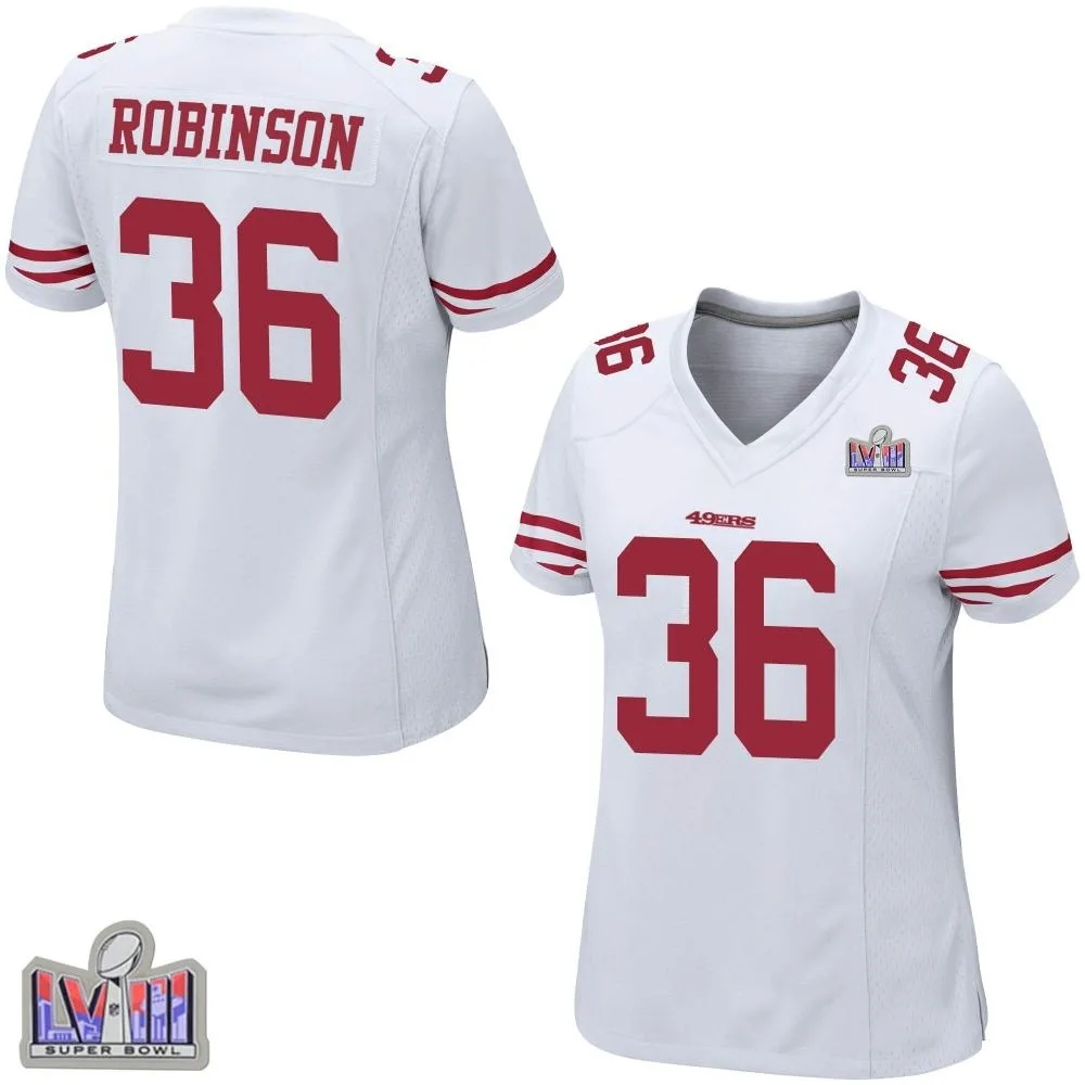 Women's San Francisco 49ers Curtis Robinson Nike Super Bowl LVIII Patch Game White Jersey Women's San Francisco 49ers Curtis Robinson Nike Super Bowl LVIII Patch Game White Jersey