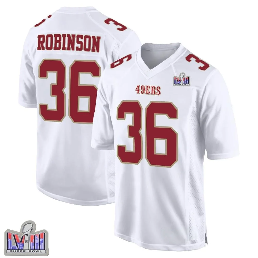 Youth San Francisco 49ers Curtis Robinson Nike Fashion Super Bowl LVIII Patch Game White Jersey Youth San Francisco 49ers Curtis Robinson Nike Fashion Super Bowl LVIII Patch Game White Jersey
