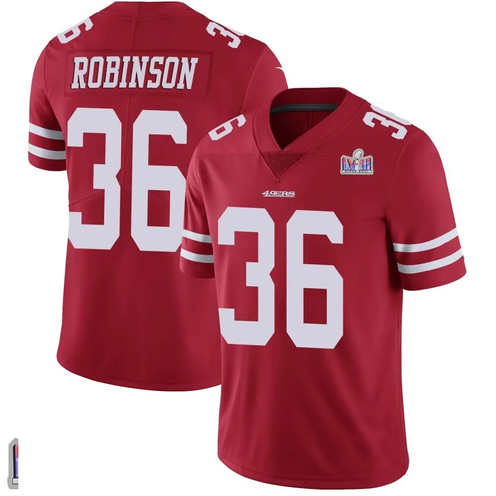 Youth San Francisco 49ers Curtis Robinson Nike Team Color Vapor Untouchable Super Bowl LVIII Patch Limited Red Jersey Youth San Francisco 49ers Curtis Robinson Nike Team Color Vapor Untouchable Super Bowl LVIII Patch Limited Red Jersey