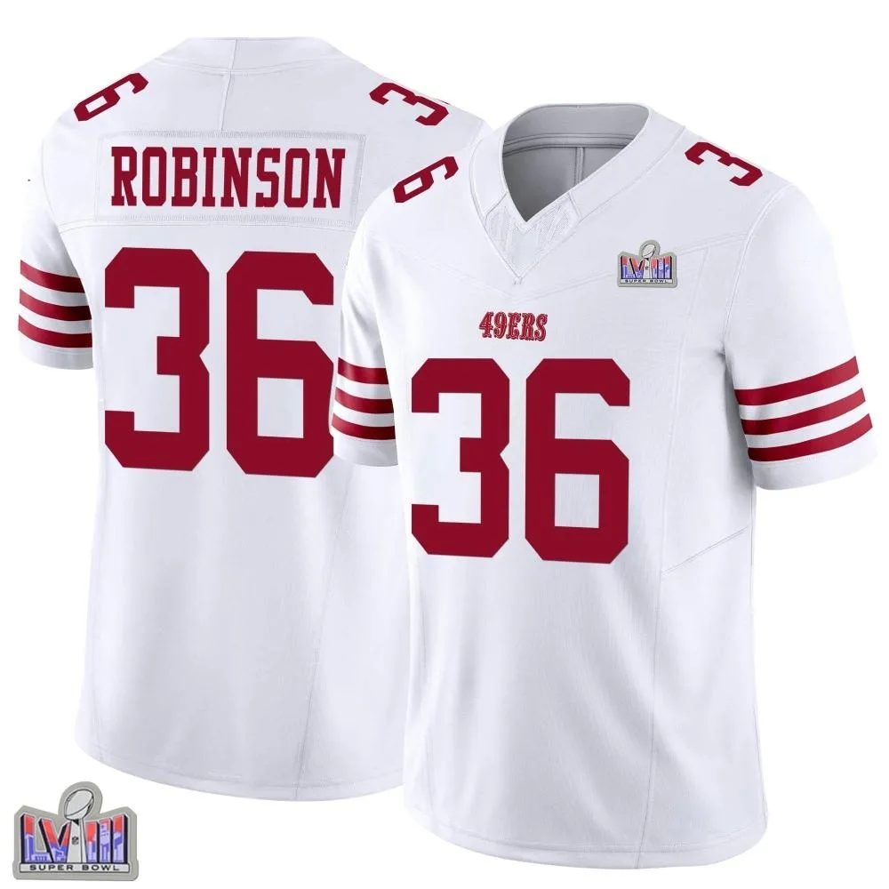 Youth San Francisco 49ers Curtis Robinson Nike Vapor F.U.S.E. Super Bowl LVIII Patch Limited White Jersey Youth San Francisco 49ers Curtis Robinson Nike Vapor F.U.S.E. Super Bowl LVIII Patch Limited White Jersey