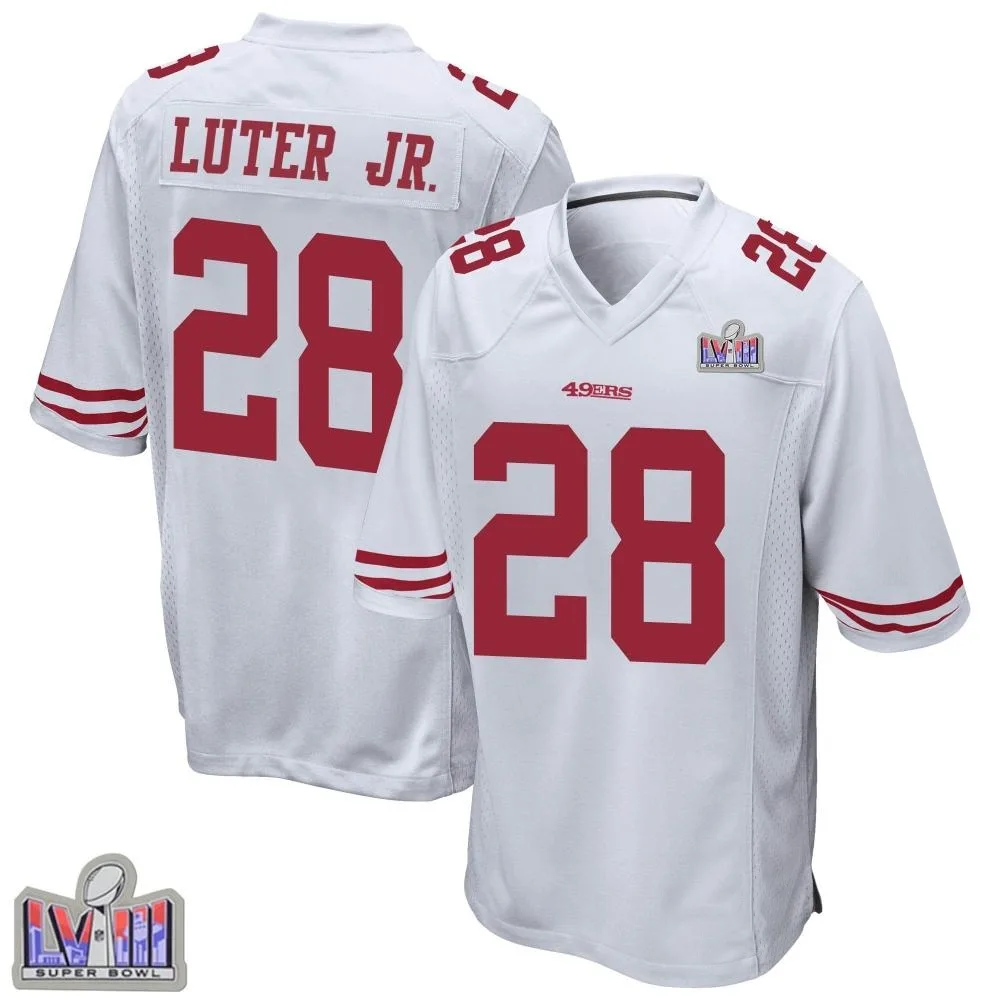 Men's San Francisco 49ers Darrell Luter Jr. Nike Super Bowl LVIII Patch Game White Jersey Men's San Francisco 49ers Darrell Luter Jr. Nike Super Bowl LVIII Patch Game White Jersey