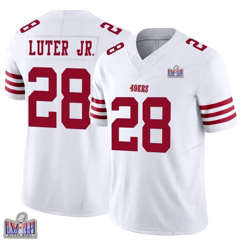 Men's San Francisco 49ers Darrell Luter Jr. Nike Vapor F.U.S.E. Super Bowl LVIII Patch Limited White Jersey Men's San Francisco 49ers Darrell Luter Jr. Nike Vapor F.U.S.E. Super Bowl LVIII Patch Limited White Jersey