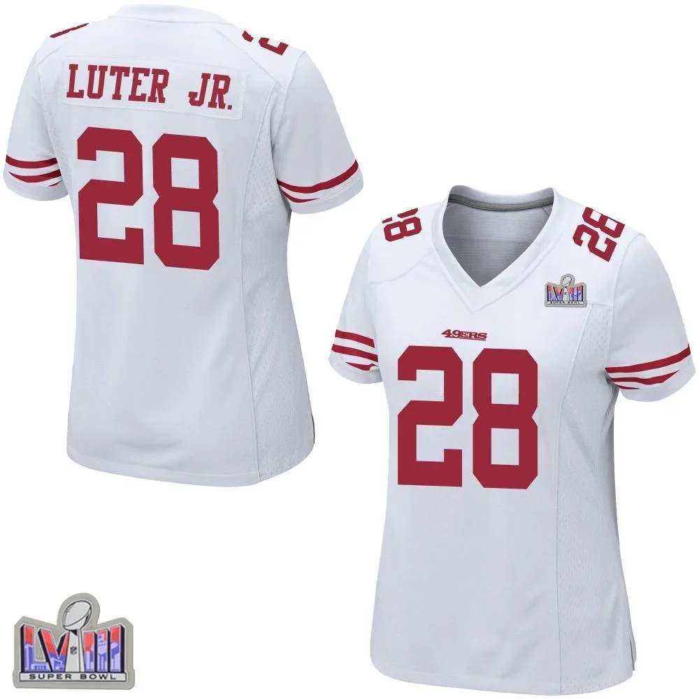 Women's San Francisco 49ers Darrell Luter Jr. Nike Super Bowl LVIII Patch Game White Jersey Women's San Francisco 49ers Darrell Luter Jr. Nike Super Bowl LVIII Patch Game White Jersey
