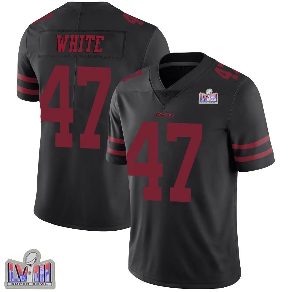 Men's San Francisco 49ers Dashaun White Nike Alternate Vapor Untouchable Super Bowl LVIII Patch Limited Black Jersey Men's San Francisco 49ers Dashaun White Nike Alternate Vapor Untouchable Super Bowl LVIII Patch Limited Black Jersey
