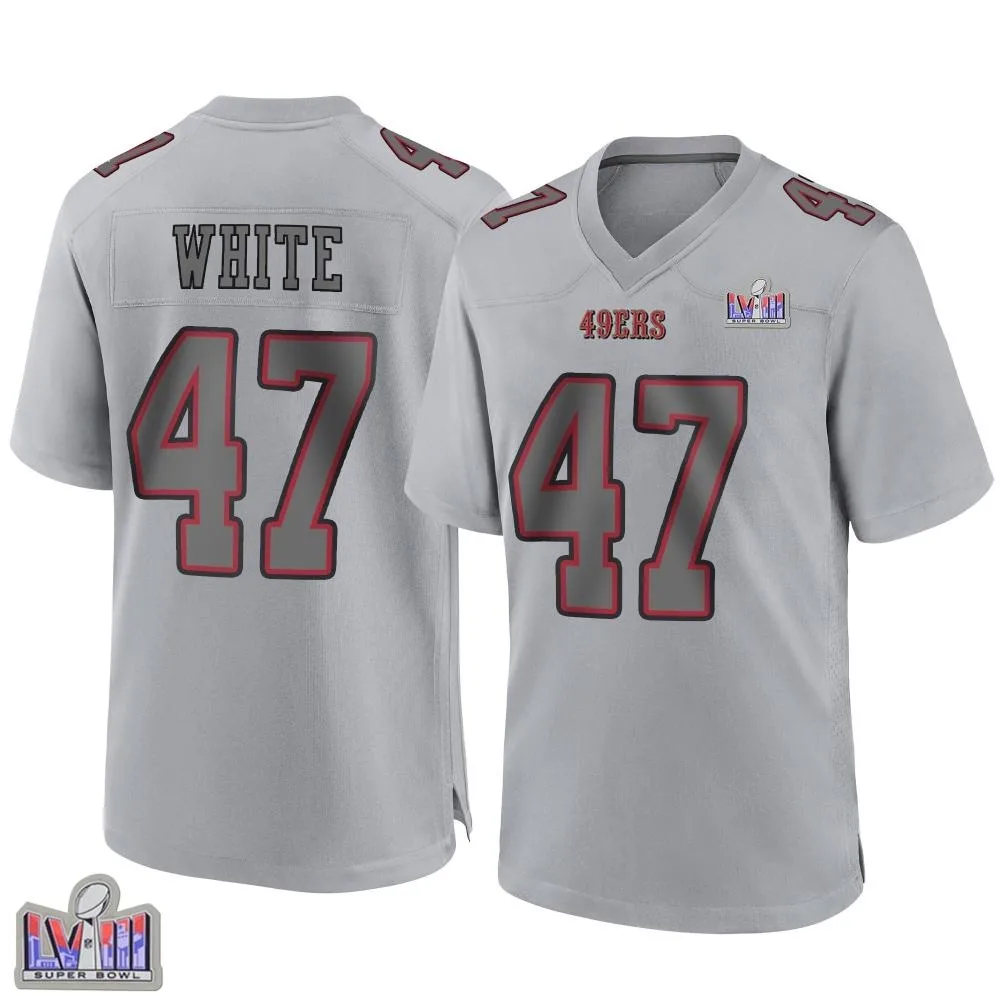 Men's San Francisco 49ers Dashaun White Nike Atmosphere Fashion Super Bowl LVIII Patch Game Gray Jersey Men's San Francisco 49ers Dashaun White Nike Atmosphere Fashion Super Bowl LVIII Patch Game Gray Jersey