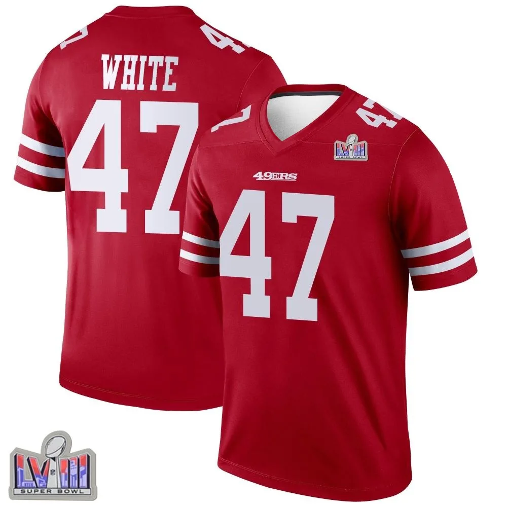 Men's San Francisco 49ers Dashaun White Nike Super Bowl LVIII Patch Legend Scarlet Jersey Men's San Francisco 49ers Dashaun White Nike Super Bowl LVIII Patch Legend Scarlet Jersey