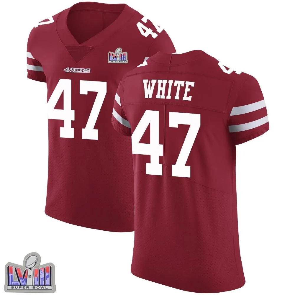 Men's San Francisco 49ers Dashaun White Nike Team Color Vapor Untouchable Super Bowl LVIII Patch Elite Red Jersey Men's San Francisco 49ers Dashaun White Nike Team Color Vapor Untouchable Super Bowl LVIII Patch Elite Red Jersey