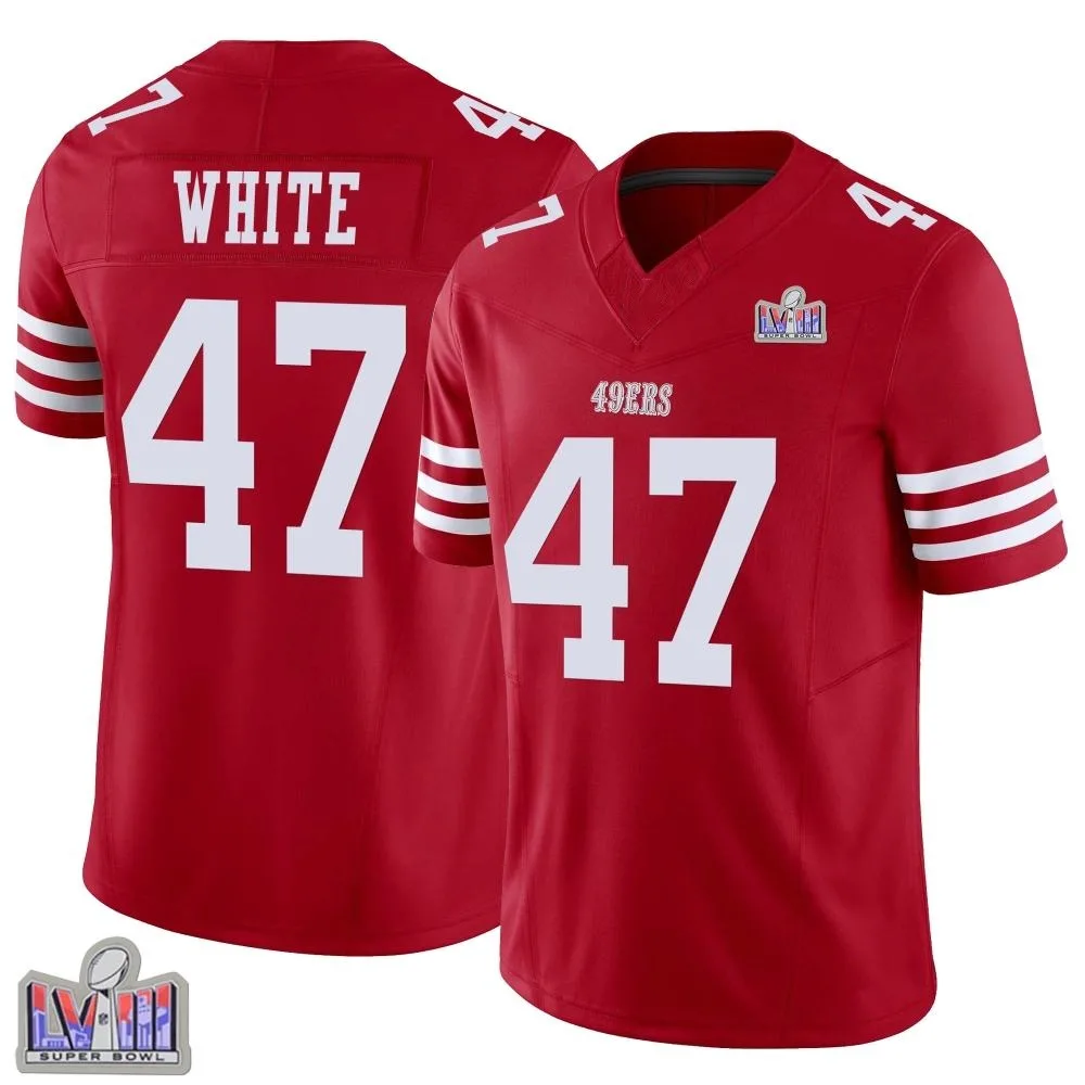 Men's San Francisco 49ers Dashaun White Nike Vapor F.U.S.E. Super Bowl LVIII Patch Limited Scarlet Jersey Men's San Francisco 49ers Dashaun White Nike Vapor F.U.S.E. Super Bowl LVIII Patch Limited Scarlet Jersey