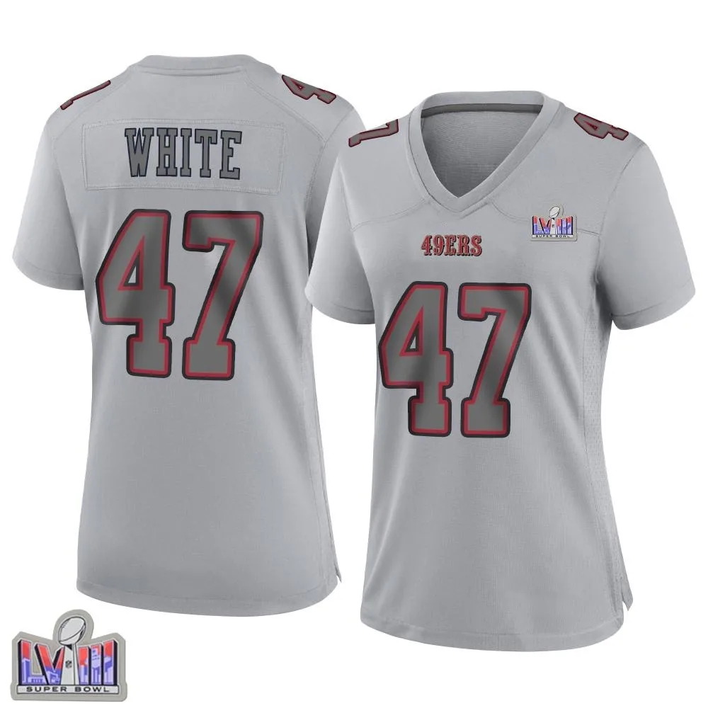 Women's San Francisco 49ers Dashaun White Nike Atmosphere Fashion Super Bowl LVIII Patch Game Gray Jersey Women's San Francisco 49ers Dashaun White Nike Atmosphere Fashion Super Bowl LVIII Patch Game Gray Jersey