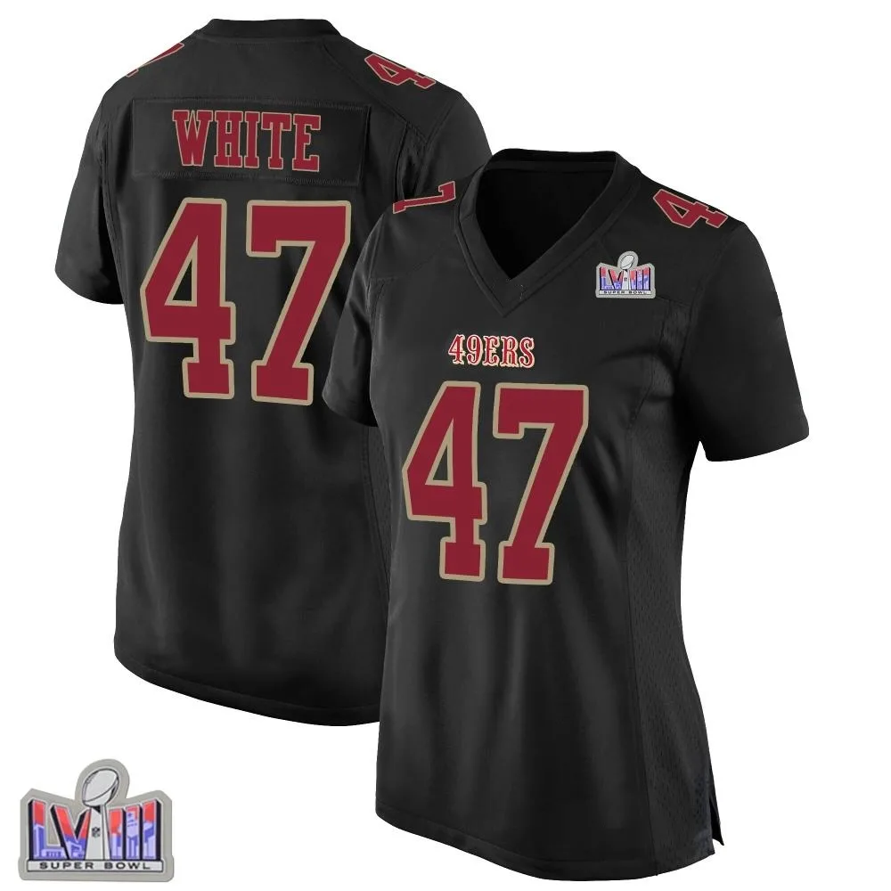 Women's San Francisco 49ers Dashaun White Nike Fashion Super Bowl LVIII Patch Game Black Jersey Women's San Francisco 49ers Dashaun White Nike Fashion Super Bowl LVIII Patch Game Black Jersey