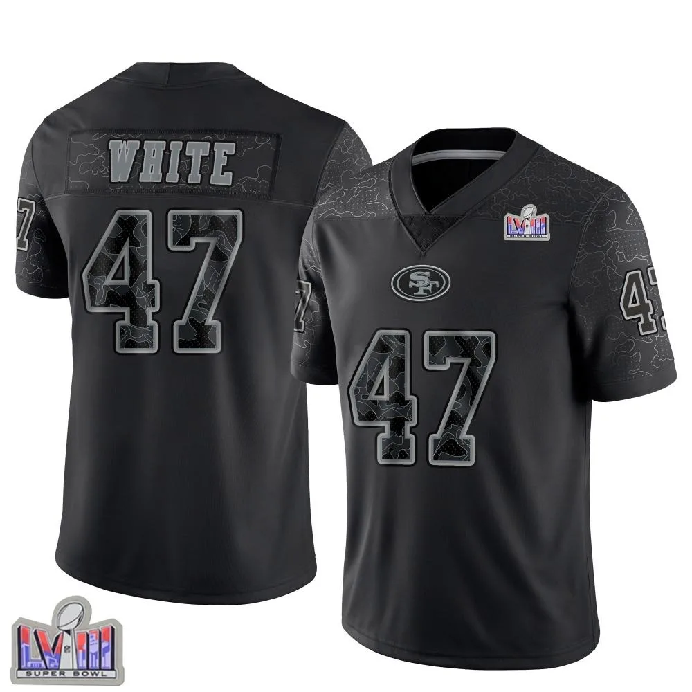 Youth San Francisco 49ers Dashaun White Nike Reflective Super Bowl LVIII Patch Limited Black Jersey Youth San Francisco 49ers Dashaun White Nike Reflective Super Bowl LVIII Patch Limited Black Jersey