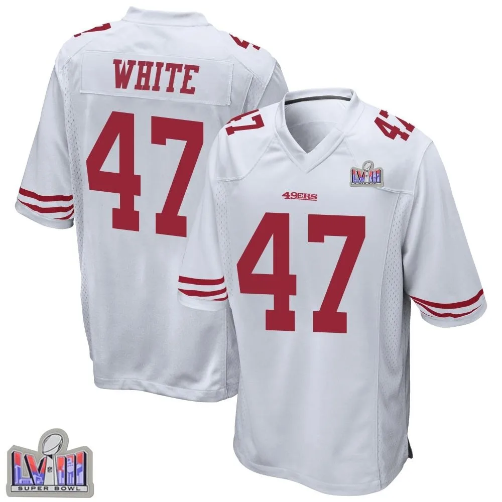 Youth San Francisco 49ers Dashaun White Nike Super Bowl LVIII Patch Game White Jersey Youth San Francisco 49ers Dashaun White Nike Super Bowl LVIII Patch Game White Jersey