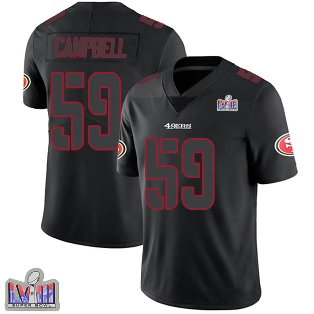Men's San Francisco 49ers De'vondre Campbell Nike Super Bowl LVIII Patch Limited Black Impact Jersey Men's San Francisco 49ers De'vondre Campbell Nike Super Bowl LVIII Patch Limited Black Impact Jersey