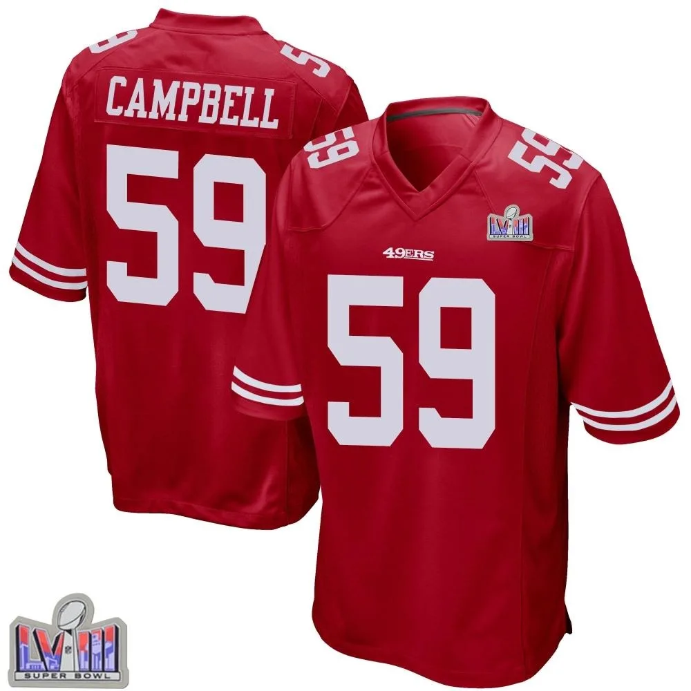 Men's San Francisco 49ers De'vondre Campbell Nike Team Color Super Bowl LVIII Patch Game Red Jersey Men's San Francisco 49ers De'vondre Campbell Nike Team Color Super Bowl LVIII Patch Game Red Jersey