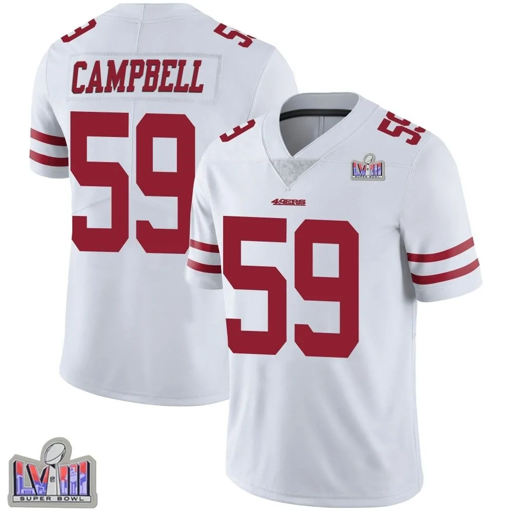 Men's San Francisco 49ers De'vondre Campbell Nike Vapor Untouchable Super Bowl LVIII Patch Limited White Jersey Men's San Francisco 49ers De'vondre Campbell Nike Vapor Untouchable Super Bowl LVIII Patch Limited White Jersey