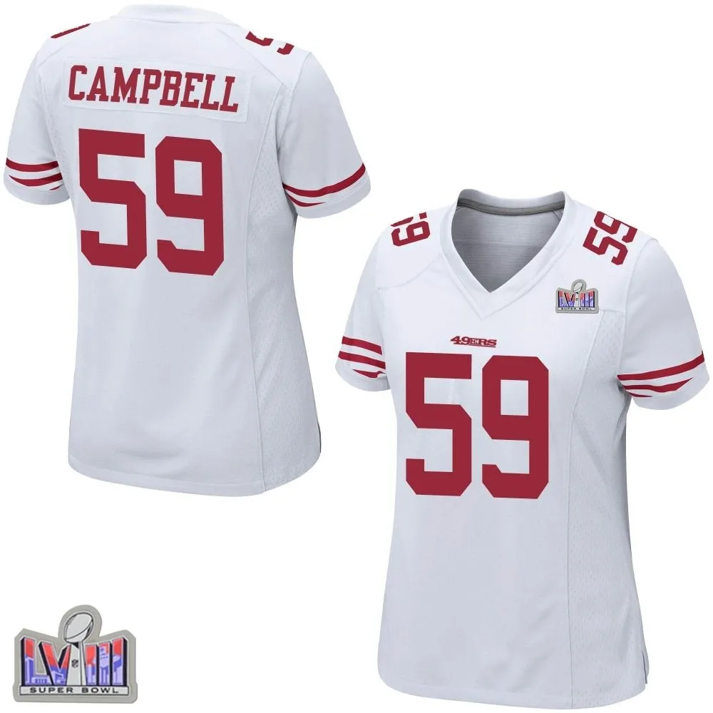 Women's San Francisco 49ers De'vondre Campbell Nike Super Bowl LVIII Patch Game White Jersey Women's San Francisco 49ers De'vondre Campbell Nike Super Bowl LVIII Patch Game White Jersey