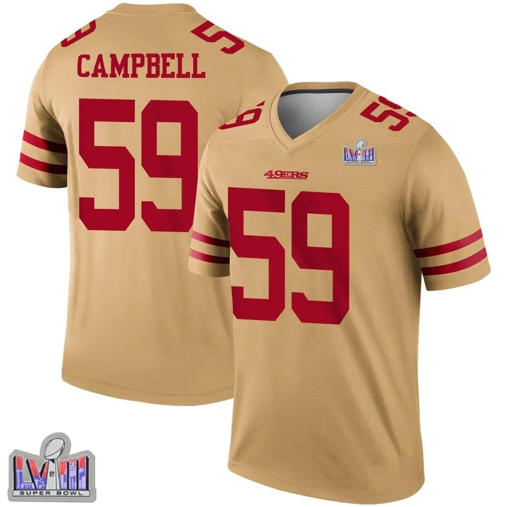 Youth San Francisco 49ers De'vondre Campbell Nike Inverted Super Bowl LVIII Patch Legend Gold Jersey Youth San Francisco 49ers De'vondre Campbell Nike Inverted Super Bowl LVIII Patch Legend Gold Jersey