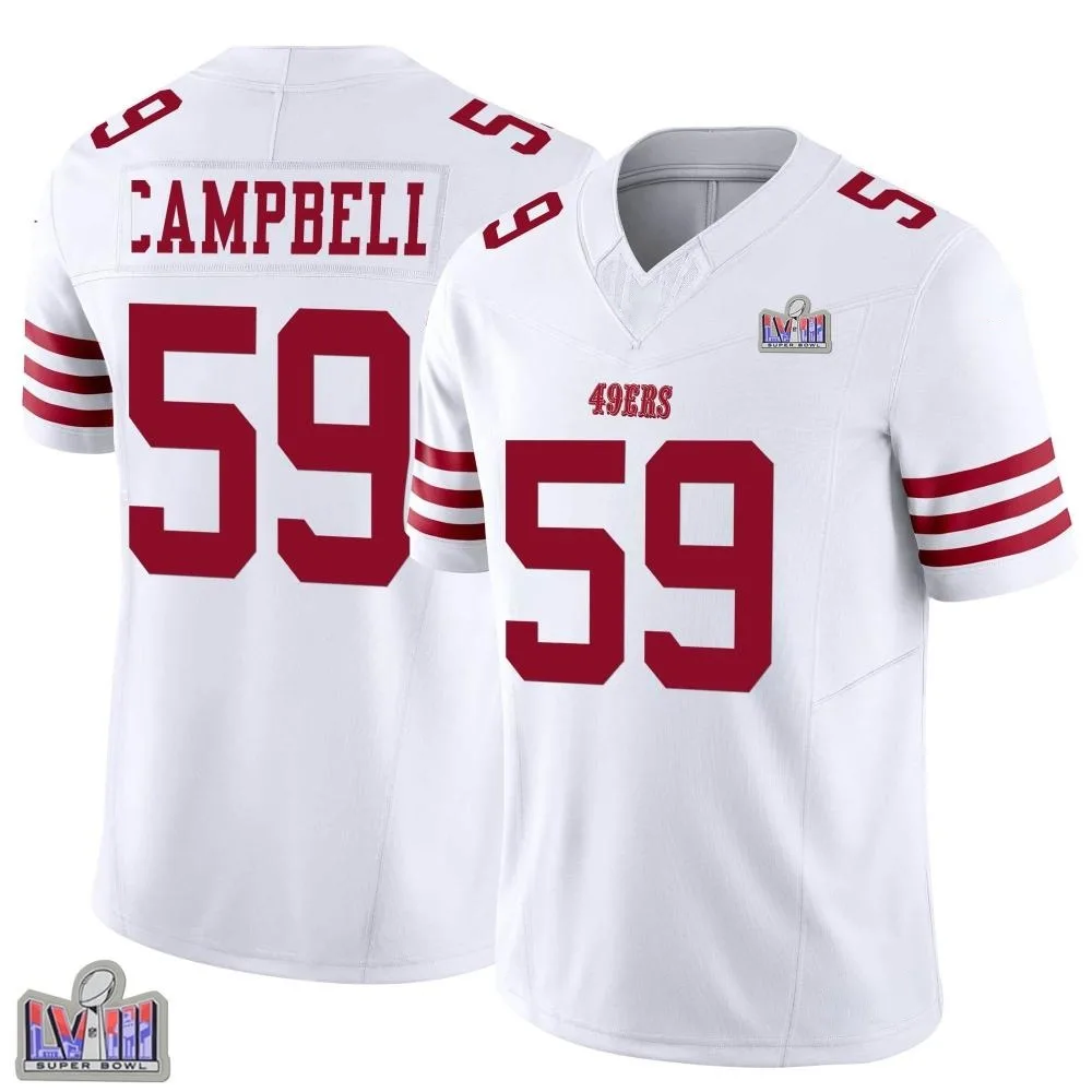 Youth San Francisco 49ers De'vondre Campbell Nike Vapor F.U.S.E. Super Bowl LVIII Patch Limited White Jersey Youth San Francisco 49ers De'vondre Campbell Nike Vapor F.U.S.E. Super Bowl LVIII Patch Limited White Jersey