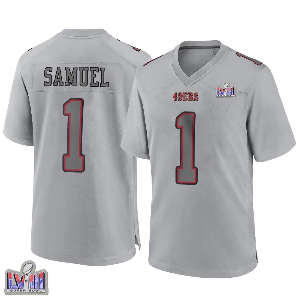 Men's San Francisco 49ers Deebo Samuel Sr. Nike Atmosphere Fashion Super Bowl LVIII Patch Game Gray Jersey Men's San Francisco 49ers Deebo Samuel Sr. Nike Atmosphere Fashion Super Bowl LVIII Patch Game Gray Jersey