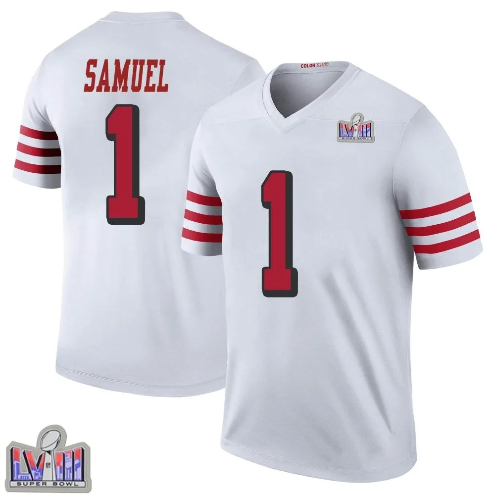 Men's San Francisco 49ers Deebo Samuel Sr. Nike Color Rush Super Bowl LVIII Patch Legend White Jersey Men's San Francisco 49ers Deebo Samuel Sr. Nike Color Rush Super Bowl LVIII Patch Legend White Jersey
