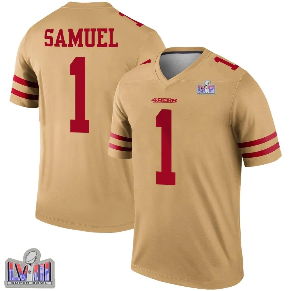 Men's San Francisco 49ers Deebo Samuel Sr. Nike Inverted Super Bowl LVIII Patch Legend Gold Jersey Men's San Francisco 49ers Deebo Samuel Sr. Nike Inverted Super Bowl LVIII Patch Legend Gold Jersey