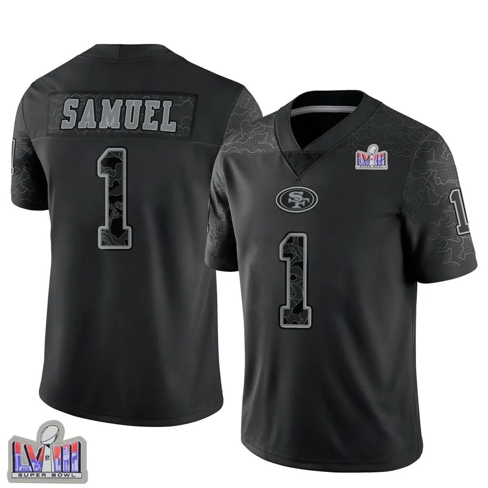 Men's San Francisco 49ers Deebo Samuel Sr. Nike Reflective Super Bowl LVIII Patch Limited Black Jersey Men's San Francisco 49ers Deebo Samuel Sr. Nike Reflective Super Bowl LVIII Patch Limited Black Jersey