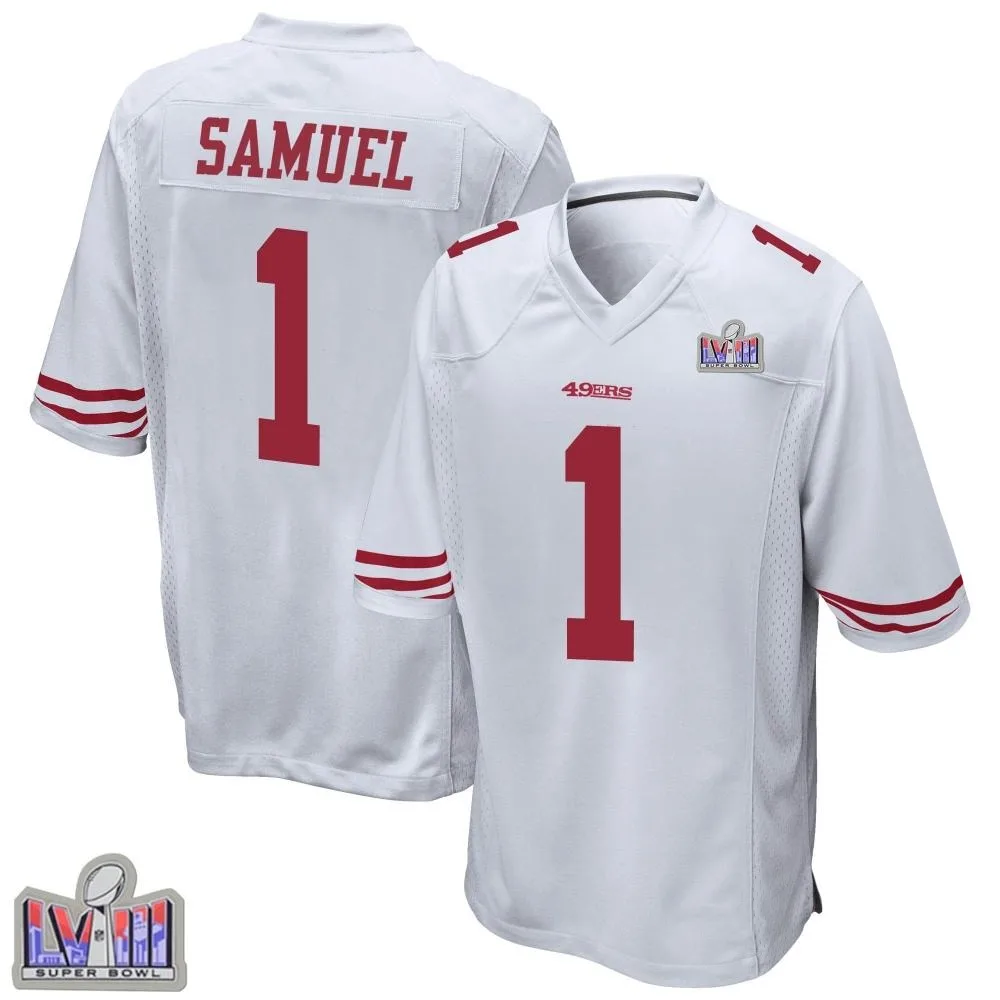 Men's San Francisco 49ers Deebo Samuel Sr. Nike Super Bowl LVIII Patch Game White Jersey Men's San Francisco 49ers Deebo Samuel Sr. Nike Super Bowl LVIII Patch Game White Jersey
