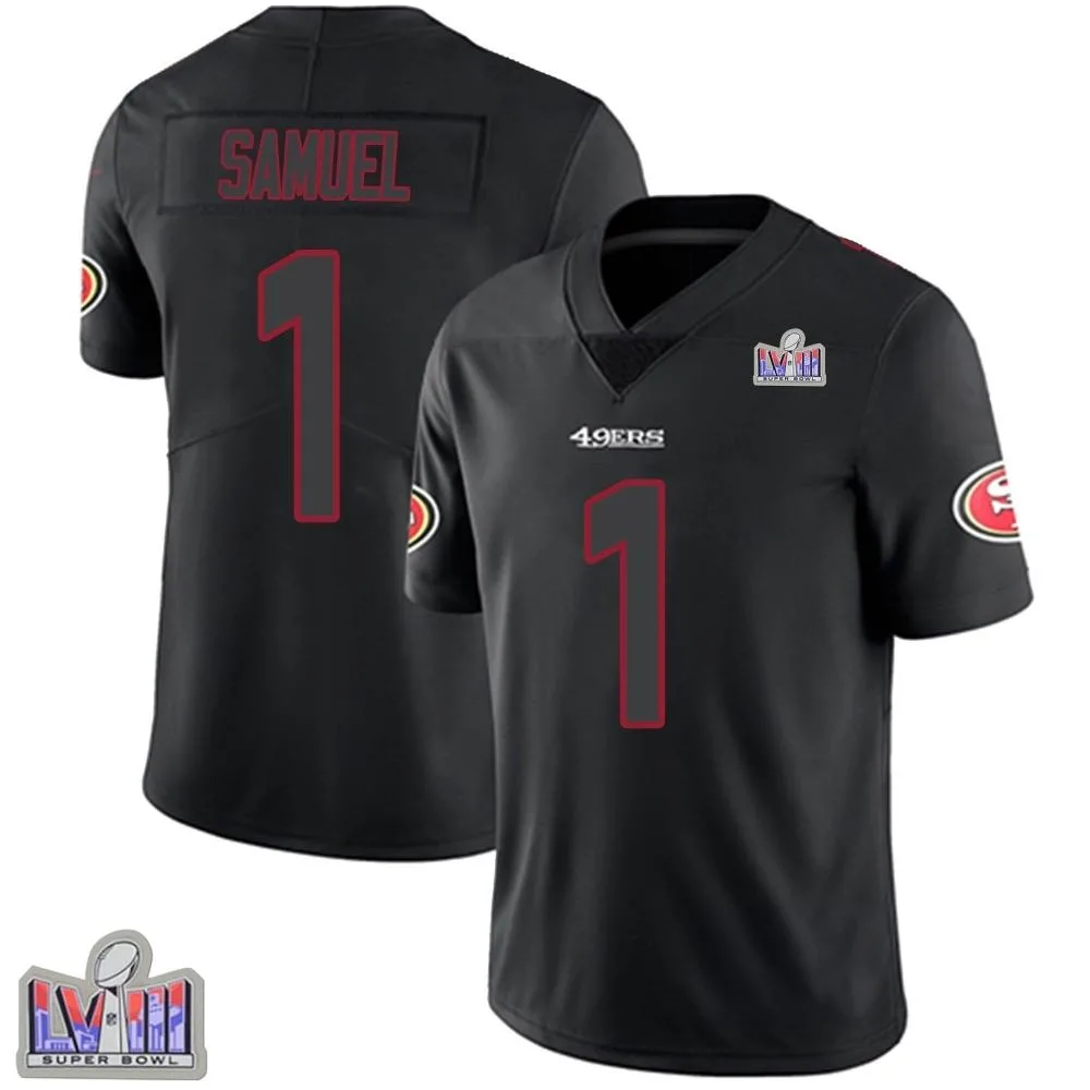 Men's San Francisco 49ers Deebo Samuel Sr. Nike Super Bowl LVIII Patch Limited Black Impact Jersey Men's San Francisco 49ers Deebo Samuel Sr. Nike Super Bowl LVIII Patch Limited Black Impact Jersey