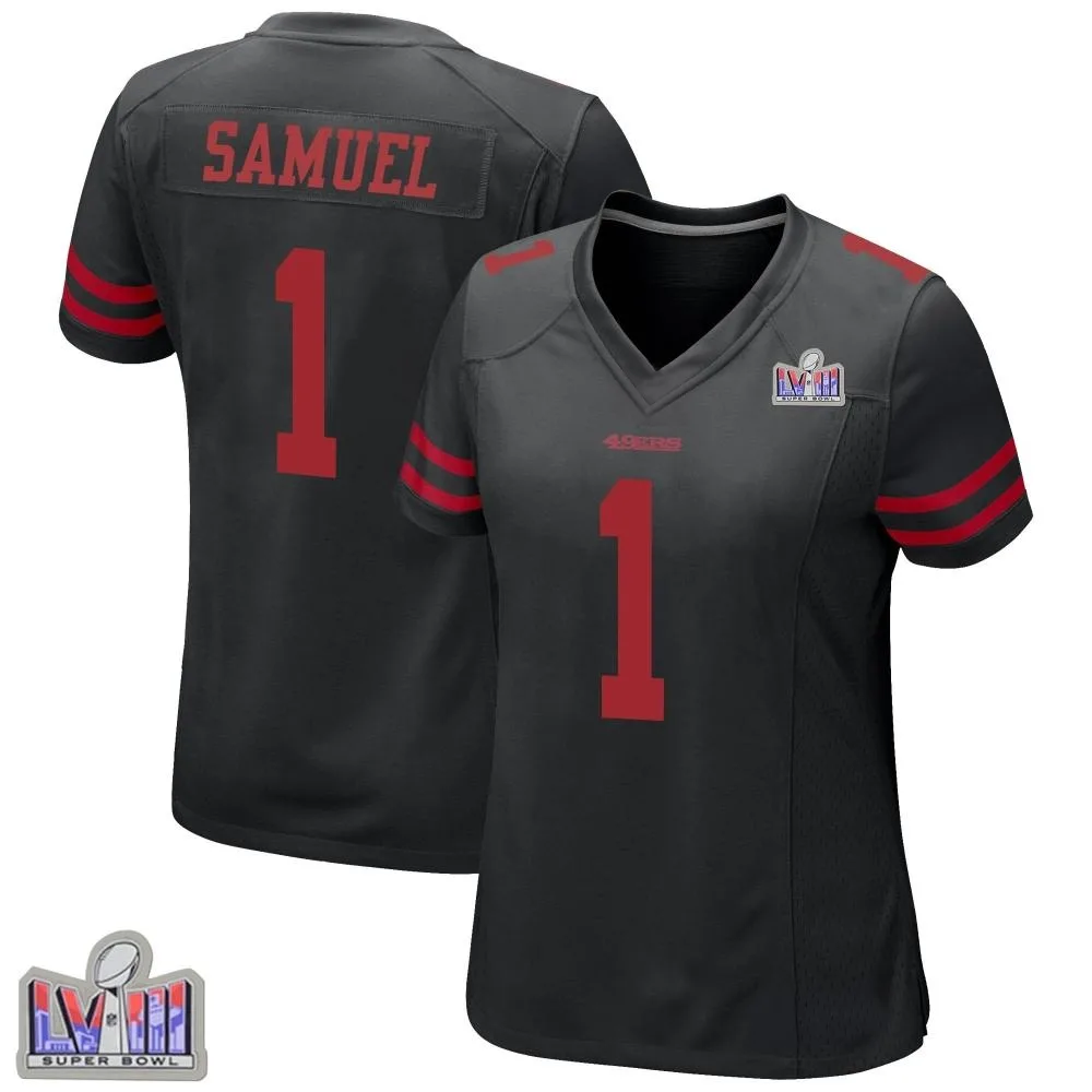 Women's San Francisco 49ers Deebo Samuel Sr. Nike Alternate Super Bowl LVIII Patch Game Black Jersey Women's San Francisco 49ers Deebo Samuel Sr. Nike Alternate Super Bowl LVIII Patch Game Black Jersey