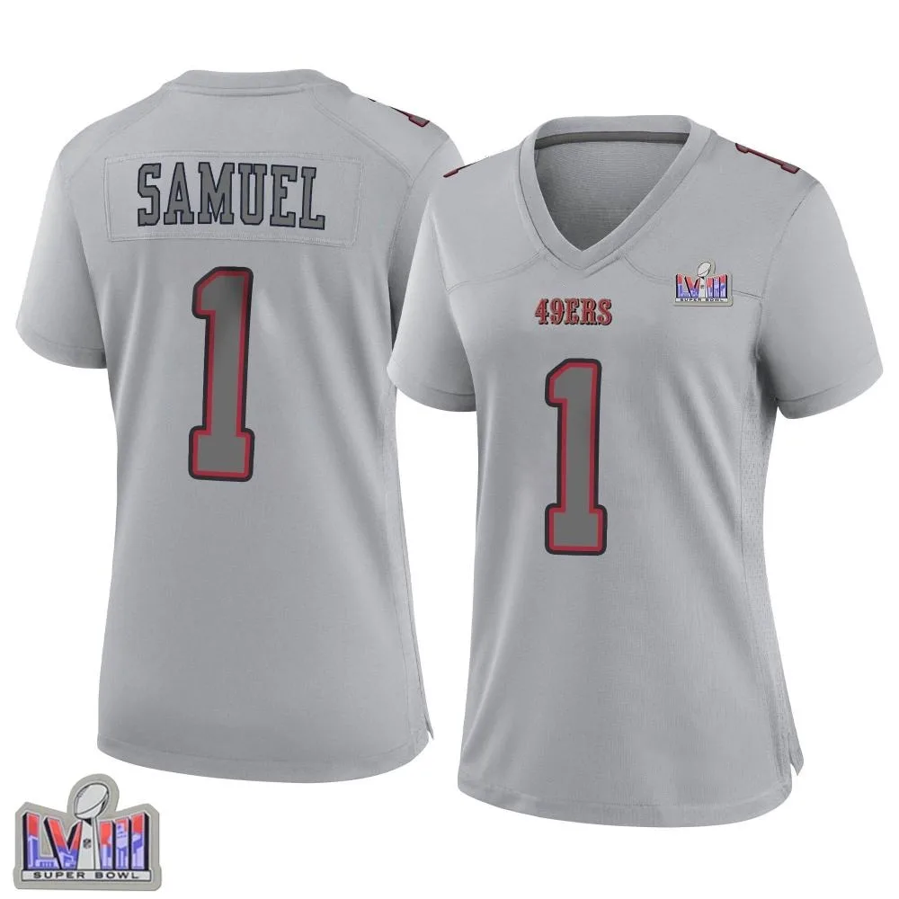 Women's San Francisco 49ers Deebo Samuel Sr. Nike Atmosphere Fashion Super Bowl LVIII Patch Game Gray Jersey Women's San Francisco 49ers Deebo Samuel Sr. Nike Atmosphere Fashion Super Bowl LVIII Patch Game Gray Jersey