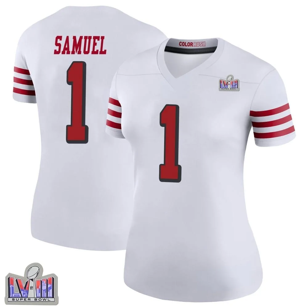 Women's San Francisco 49ers Deebo Samuel Sr. Nike Color Rush Super Bowl LVIII Patch Legend White Jersey Women's San Francisco 49ers Deebo Samuel Sr. Nike Color Rush Super Bowl LVIII Patch Legend White Jersey