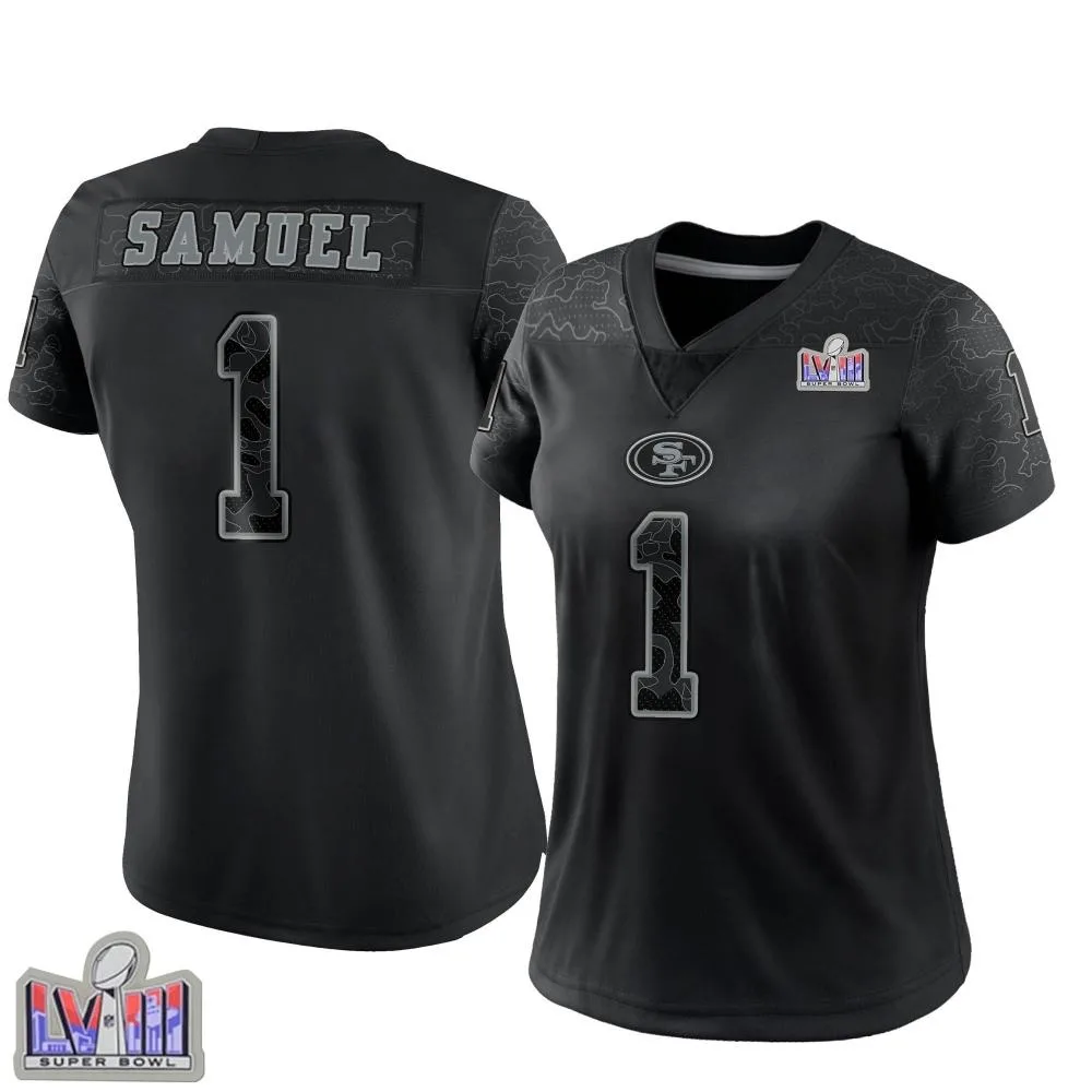 Women's San Francisco 49ers Deebo Samuel Sr. Nike Reflective Super Bowl LVIII Patch Limited Black Jersey Women's San Francisco 49ers Deebo Samuel Sr. Nike Reflective Super Bowl LVIII Patch Limited Black Jersey