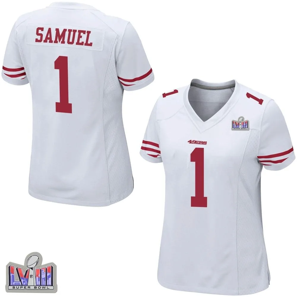 Women's San Francisco 49ers Deebo Samuel Sr. Nike Super Bowl LVIII Patch Game White Jersey Women's San Francisco 49ers Deebo Samuel Sr. Nike Super Bowl LVIII Patch Game White Jersey