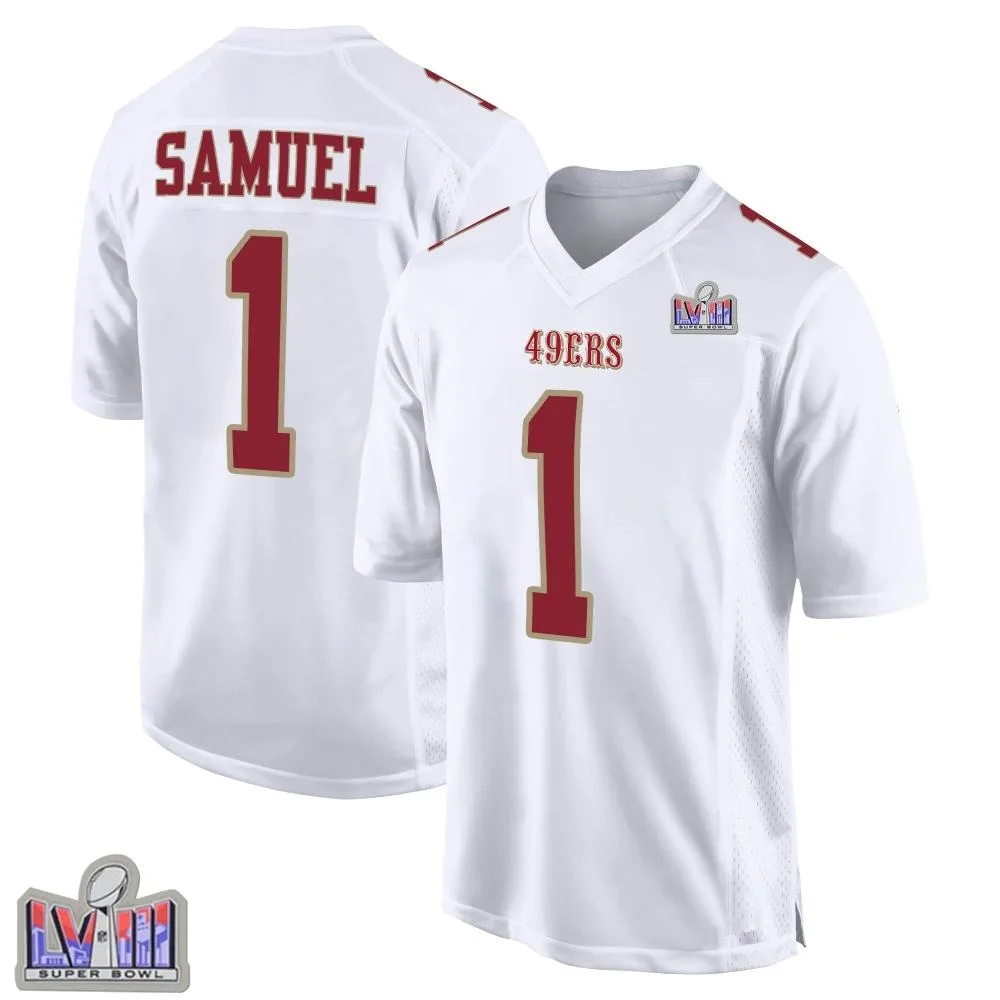 Youth San Francisco 49ers Deebo Samuel Sr. Nike Fashion Super Bowl LVIII Patch Game White Jersey Youth San Francisco 49ers Deebo Samuel Sr. Nike Fashion Super Bowl LVIII Patch Game White Jersey