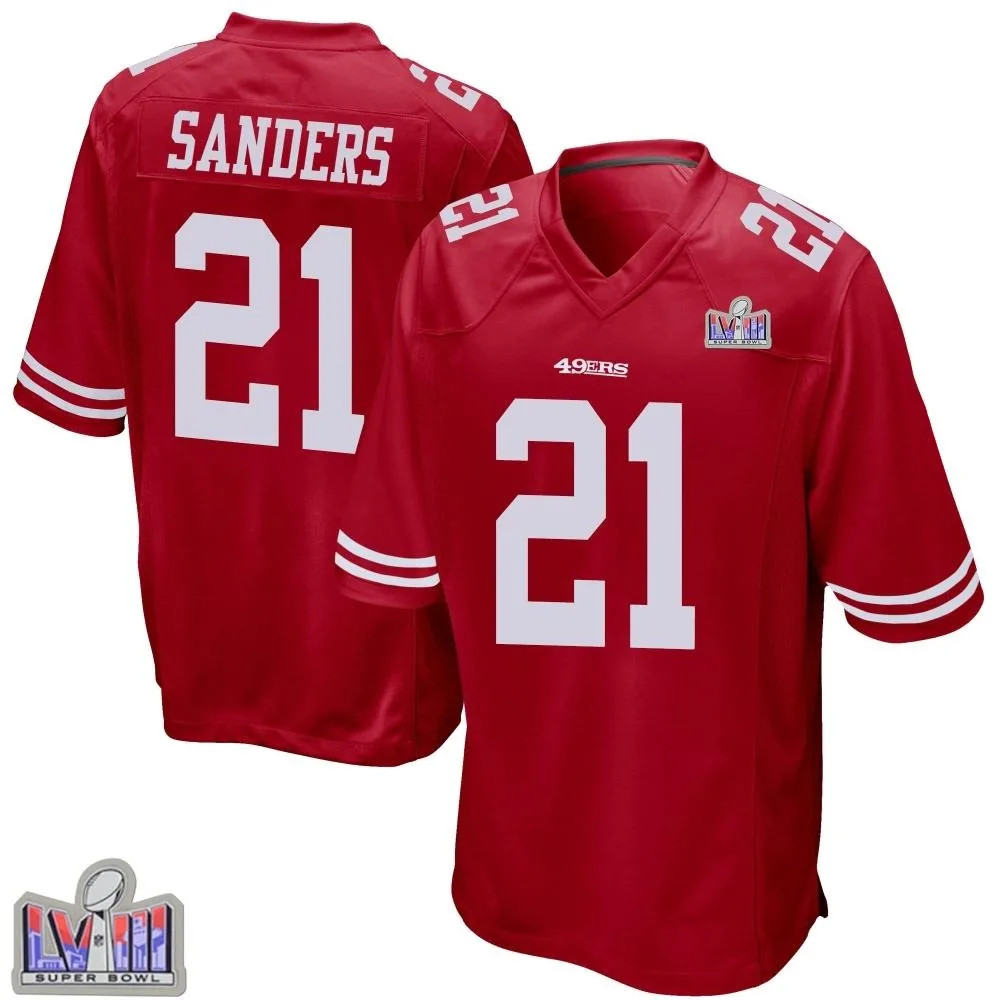 Men's San Francisco 49ers Deion Sanders Nike Team Color Super Bowl LVIII Patch Game Red Jersey Men's San Francisco 49ers Deion Sanders Nike Team Color Super Bowl LVIII Patch Game Red Jersey
