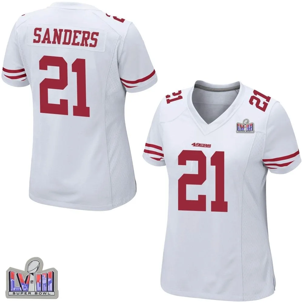 Women's San Francisco 49ers Deion Sanders Nike Super Bowl LVIII Patch Game White Jersey Women's San Francisco 49ers Deion Sanders Nike Super Bowl LVIII Patch Game White Jersey