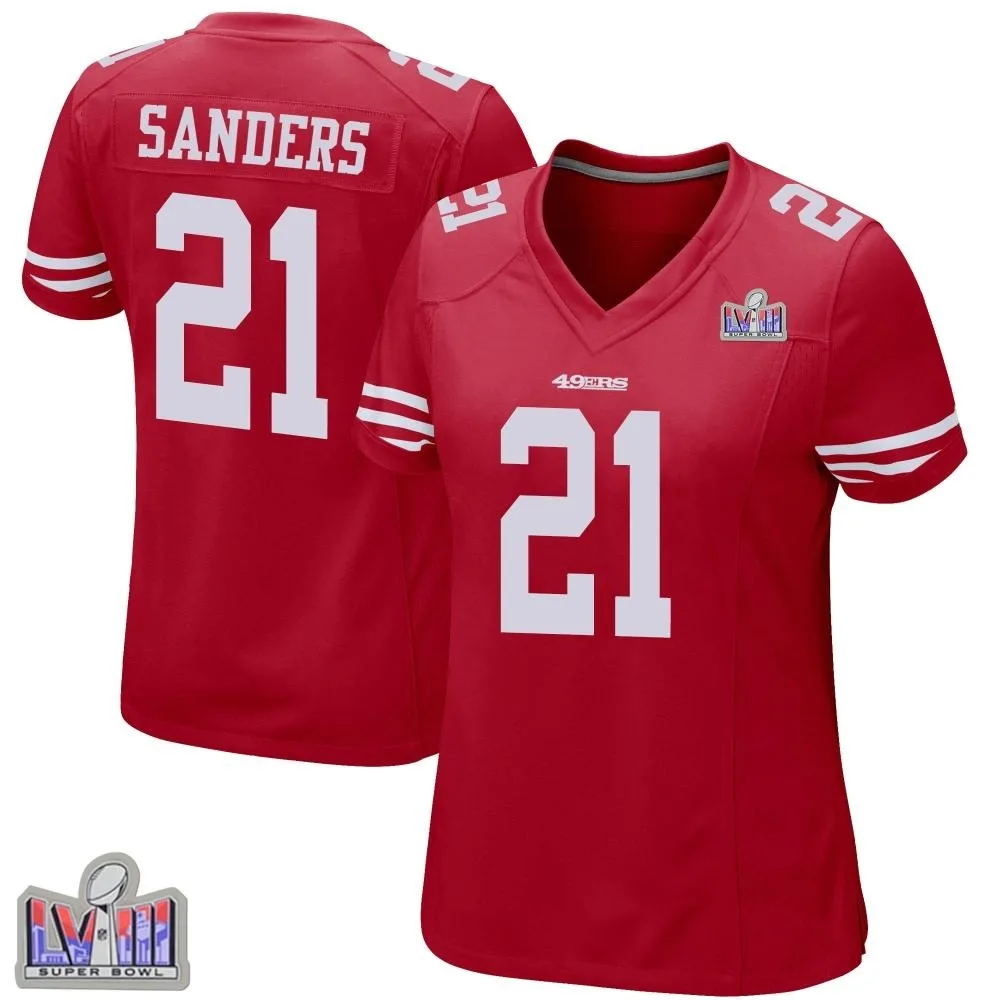 Women's San Francisco 49ers Deion Sanders Nike Team Color Super Bowl LVIII Patch Game Red Jersey Women's San Francisco 49ers Deion Sanders Nike Team Color Super Bowl LVIII Patch Game Red Jersey