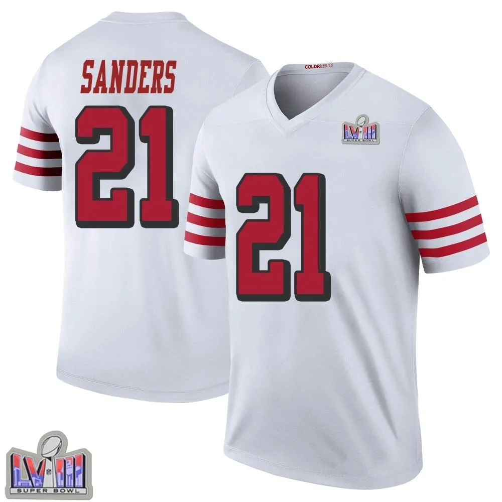 Youth San Francisco 49ers Deion Sanders Nike Color Rush Super Bowl LVIII Patch Legend White Jersey Youth San Francisco 49ers Deion Sanders Nike Color Rush Super Bowl LVIII Patch Legend White Jersey