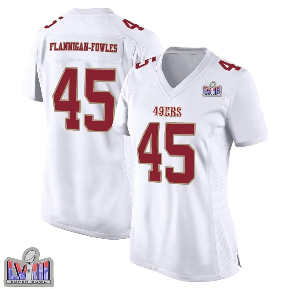 Women's San Francisco 49ers Demetrius Flannigan-fowles Nike Fashion Super Bowl LVIII Patch Game White Jersey Women's San Francisco 49ers Demetrius Flannigan-fowles Nike Fashion Super Bowl LVIII Patch Game White Jersey