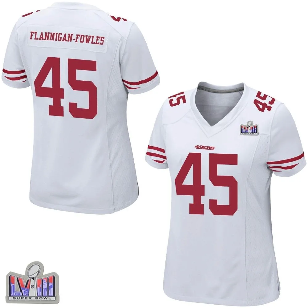 Women's San Francisco 49ers Demetrius Flannigan-fowles Nike Super Bowl LVIII Patch Game White Jersey Women's San Francisco 49ers Demetrius Flannigan-fowles Nike Super Bowl LVIII Patch Game White Jersey