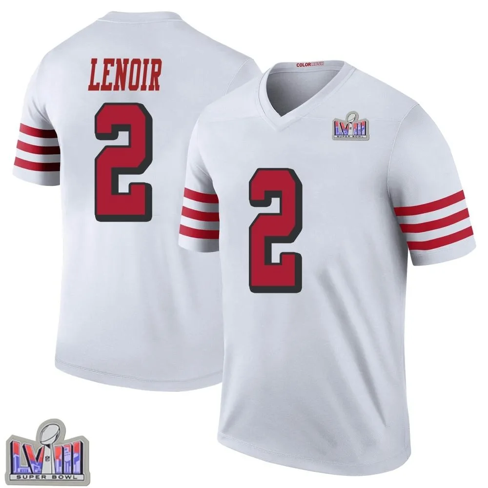 Men's San Francisco 49ers Deommodore Lenoir Nike Color Rush Super Bowl LVIII Patch Legend White Jersey Men's San Francisco 49ers Deommodore Lenoir Nike Color Rush Super Bowl LVIII Patch Legend White Jersey
